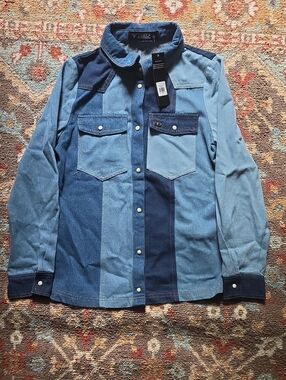 Lucky & Blesses Blue Patchwork Denim Shirt Medium Womens